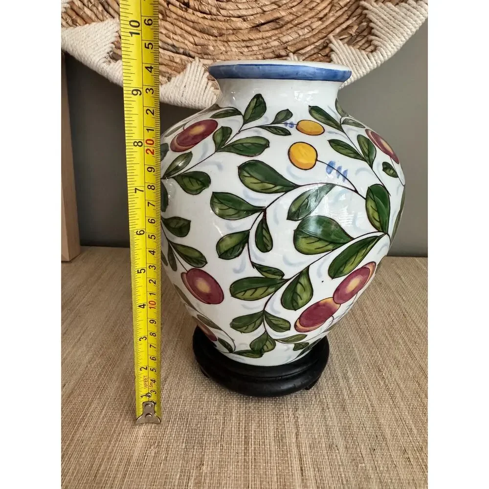 Vintage Italian Hand-Painted Ceramic Fruit Vase with Wood Stand 9
